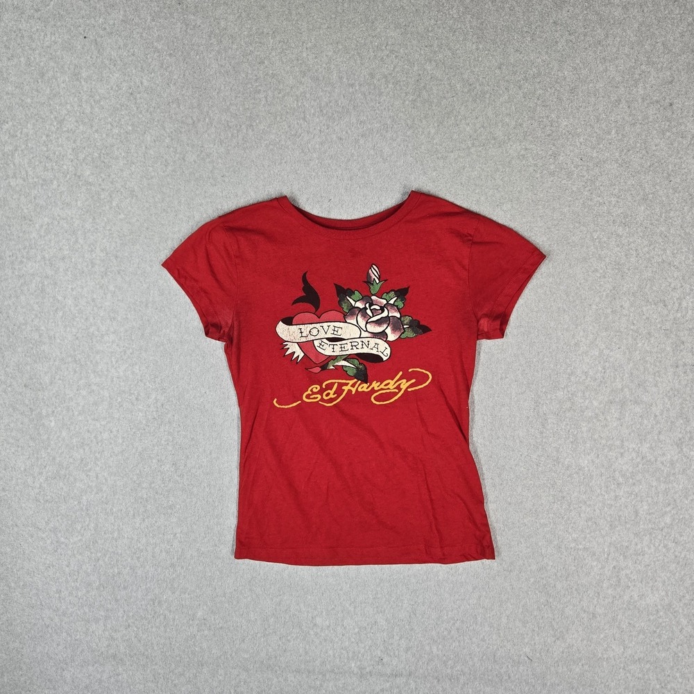Ed Hardy Women Shirt M Red Graphic Logo Love Eternal Short Sleeve READ